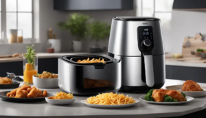 An air fryer beside crispy snacks on plates in a modern kitchen setting.