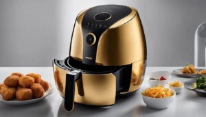 A modern gold air fryer with a drawer open revealing cooked food, surrounded by various dishes.
