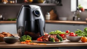 An air fryer on a kitchen counter with cooked foods and fresh vegetables around it.