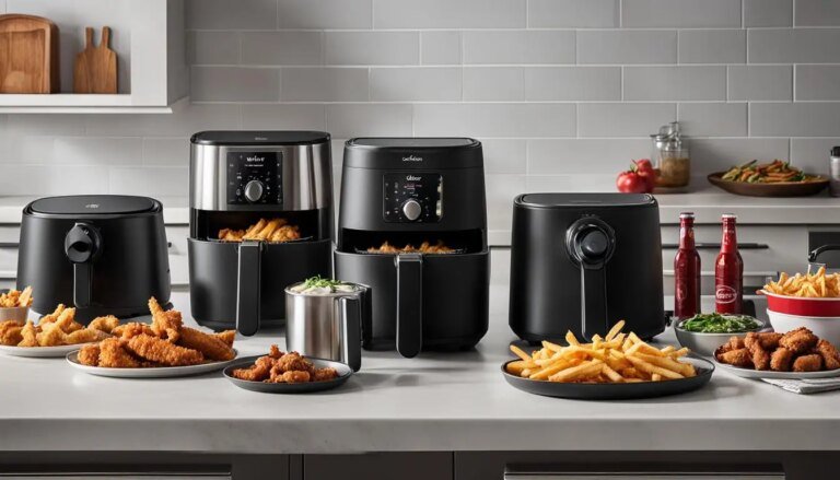 Various air fryers on a kitchen counter with plates of fried foods and condiments nearby.