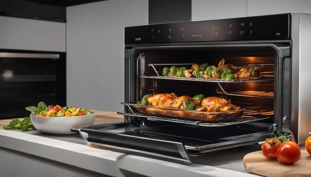 Roasted chicken and vegetables in an open modern oven, with fresh tomatoes on the counter.