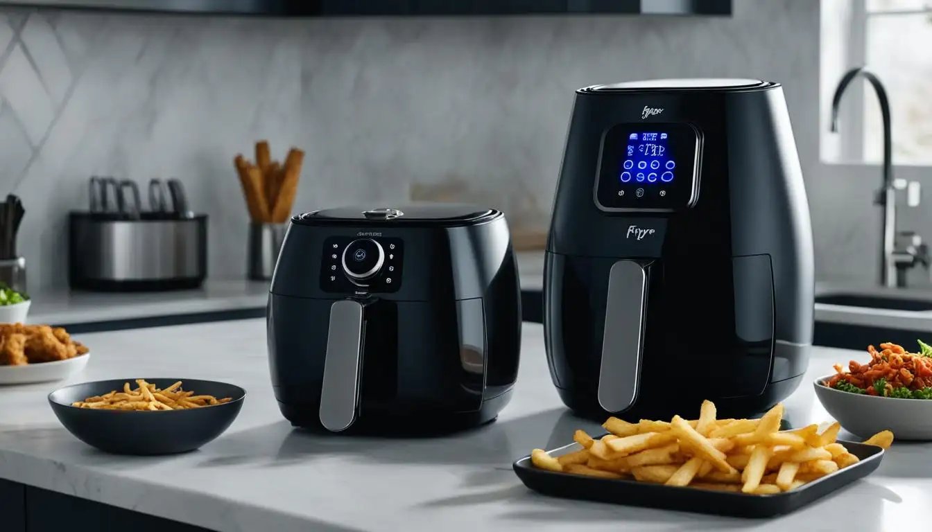 Two air fryers on a kitchen counter with a bowl of fries and plated food.