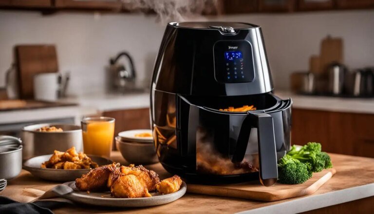 A modern air fryer on a kitchen counter with crispy chicken and vegetables nearby.