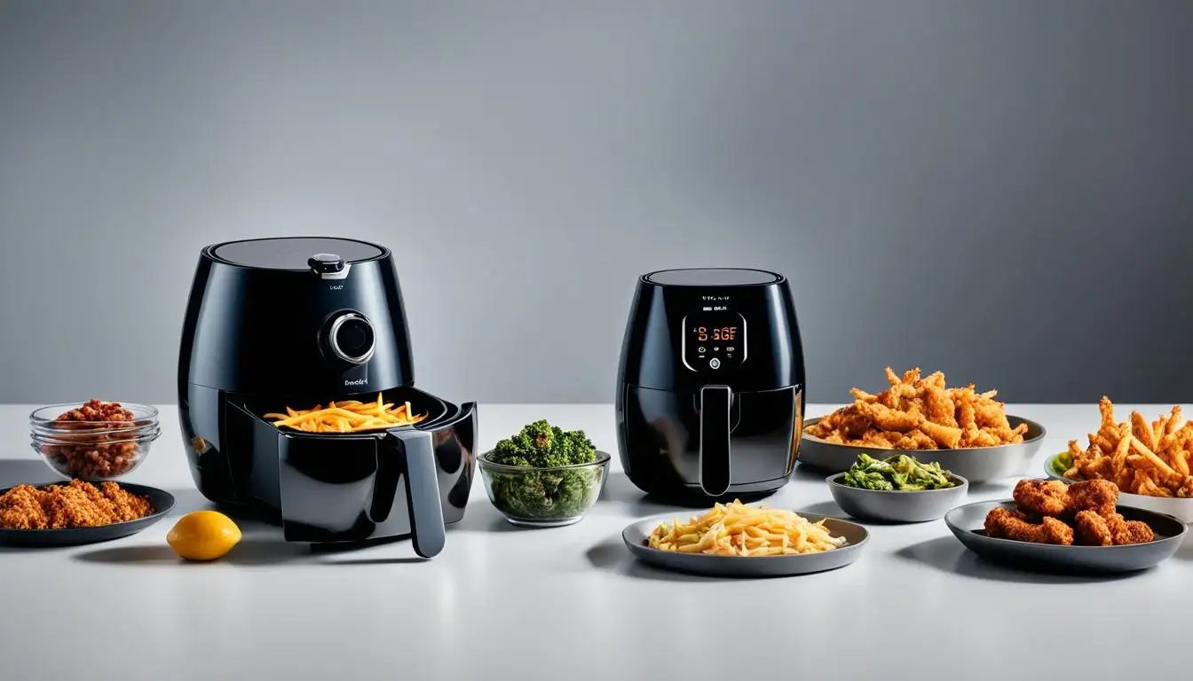 Two air fryers and assorted fried foods on plates, showcasing cooking results.