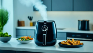 A modern air fryer on a kitchen counter with steam rising, next to dishes of cooked vegetables and fries.