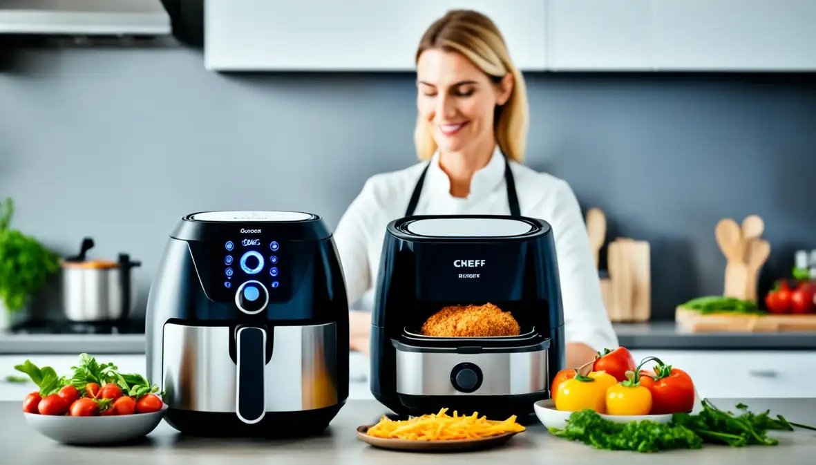 Woman smiling at two air fryers on a kitchen counter with fresh vegetables and fries.