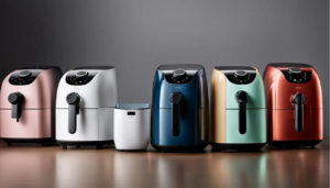 A lineup of modern air fryers in various colors on a reflective surface.