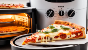 A slice of pizza with melting cheese in front of a toaster oven.