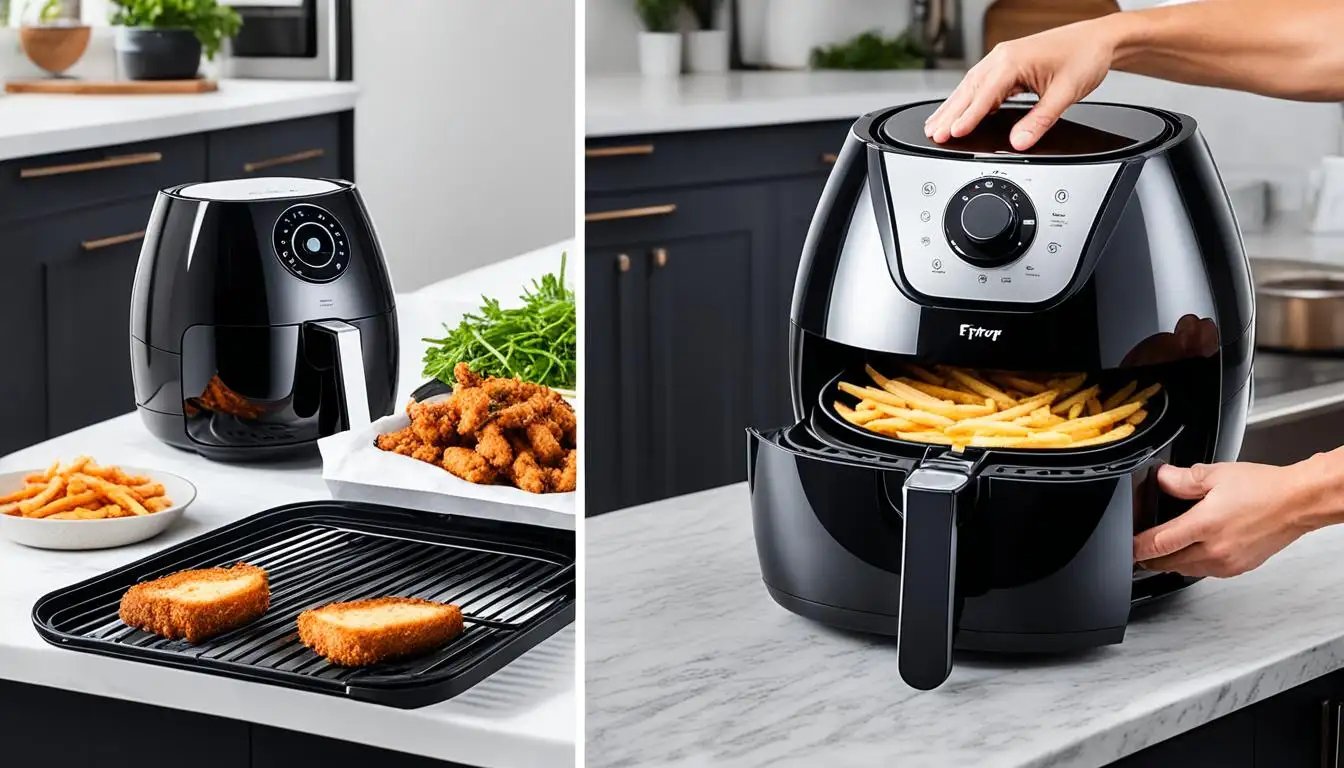 Two black air fryers on kitchen counters, one with fries and the other with chicken.