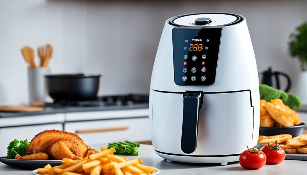 Modern air fryer on kitchen counter with cooked chicken and fries.