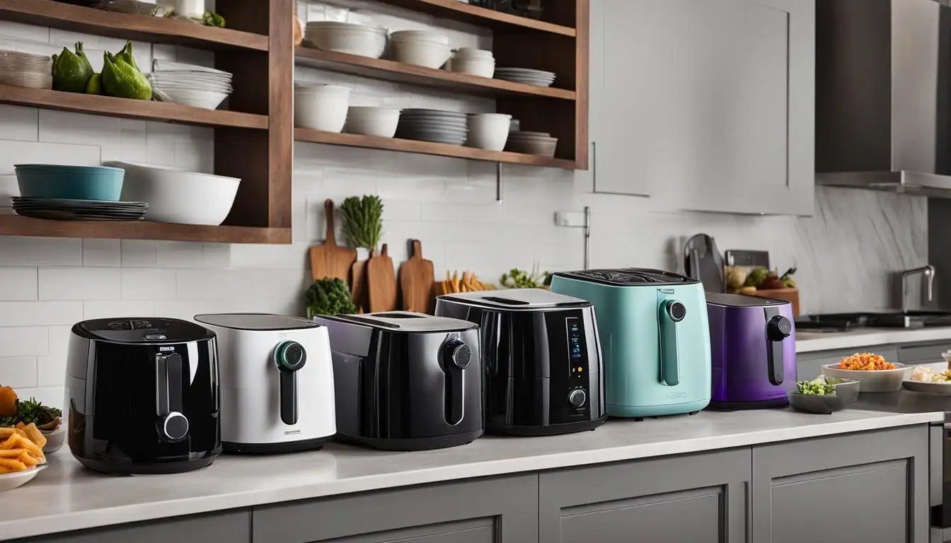 Five various air fryers on a kitchen counter with food items nearby.